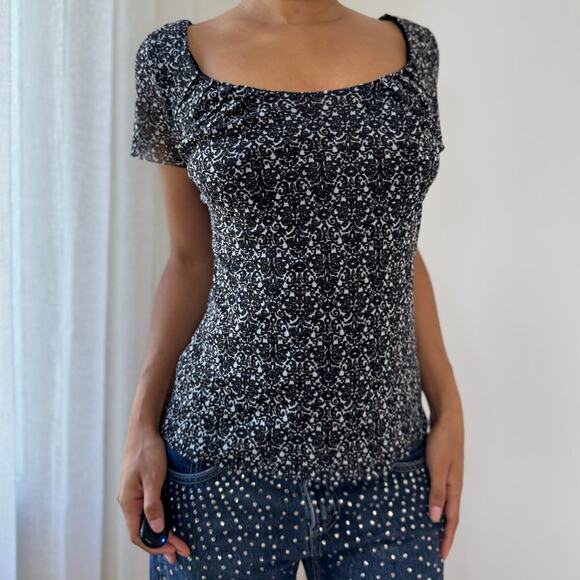 Vintage Black & White Floral Mesh Top by Marella (S/M) - Picture 1 of 10